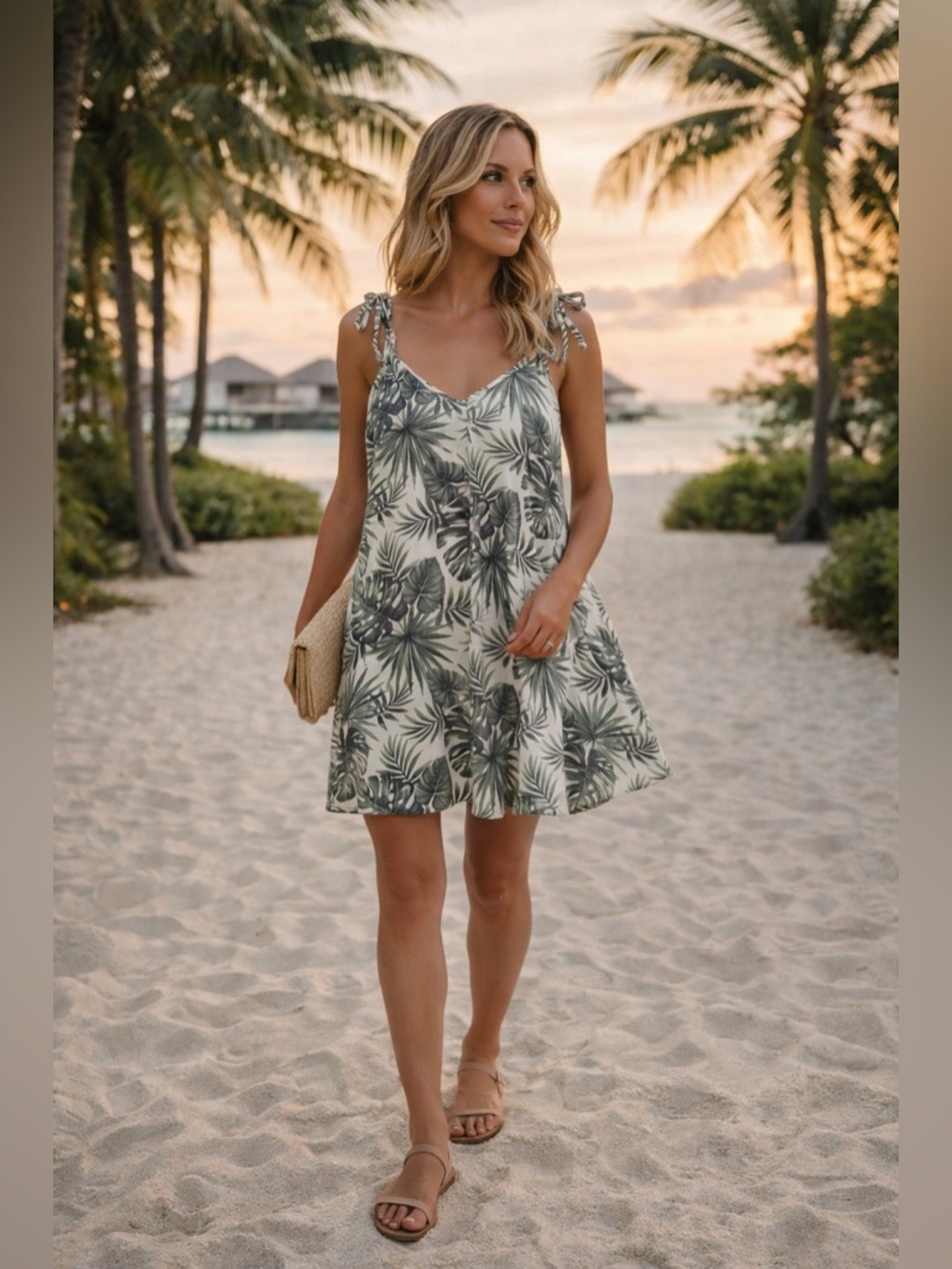 Kismet Tropical Monstera Palm Mini Sundress M | Beachy Tie Strap Summer Resort